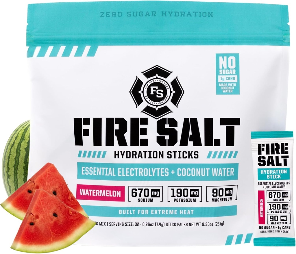 Fire Science Fire Salt Hydration Sticks, Electrolytes & Coconut Water, Hydration Drink Mix with Magnesium, Κάλιο & Νάτριο, Zero Sugar, Single Serve On The Go Packs, Watermelon Flavor, 32 Count