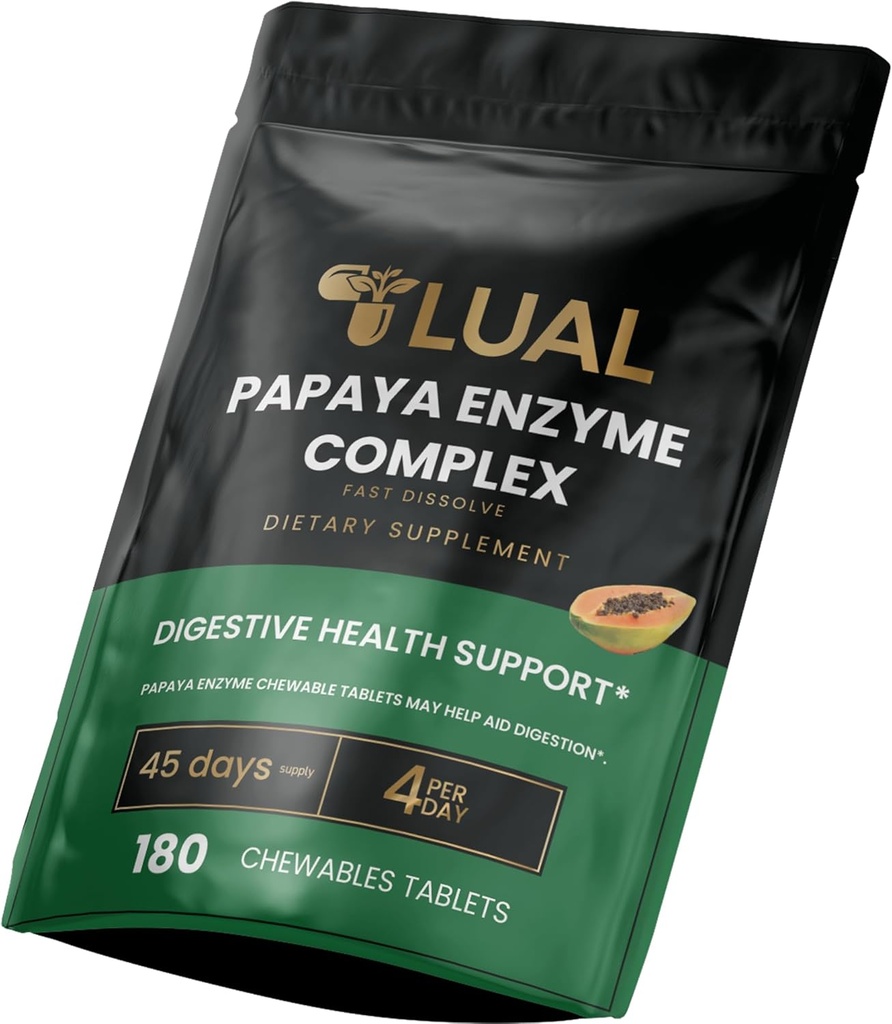 LUAL Papaya Enzyme Complex – Μασώμενα δισκία με Papain, Bromelain & Digestive Enzymes – Υποστηρίζει Digestion & Nutrient Απορρόφηση – Φυσική Παπάγια Γεύση – 180 Count