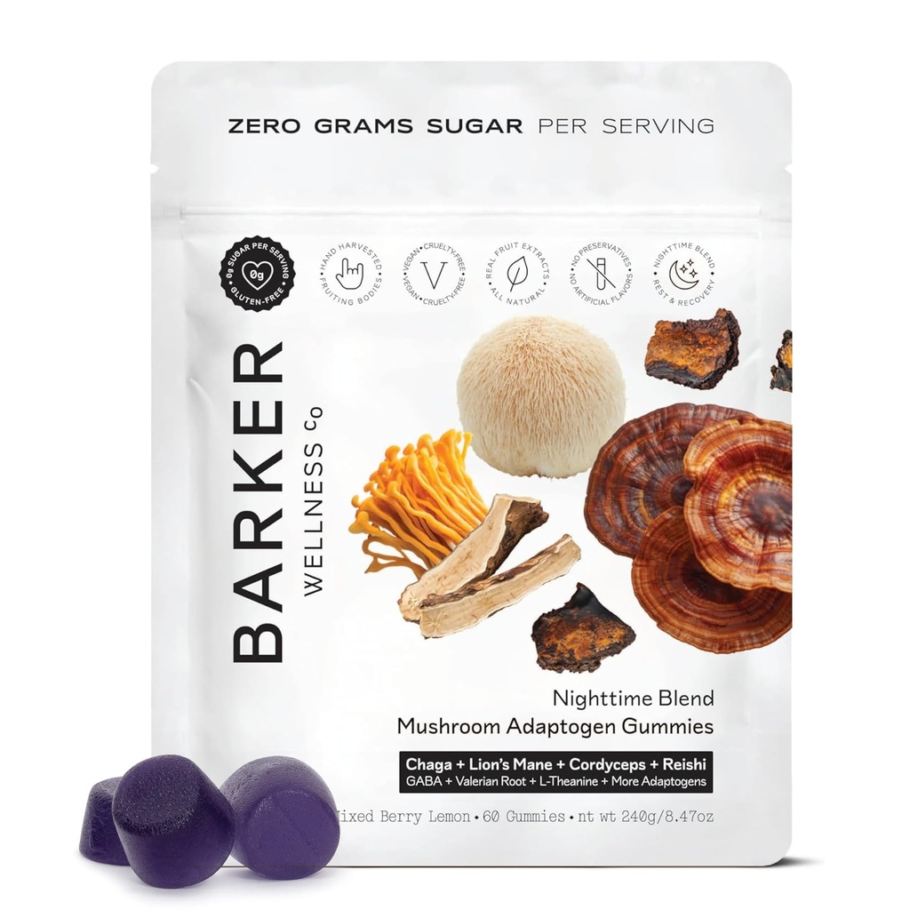 Μπάρκερ Wellness Νυχτερινής Ώρας Μασαχουσέτη Adaptogen Gummies – Vegan, Sugar-Free Functional Mushroom Gummies with Reishi, Lion’s Mane, Chaga, Cordyceps & Adaptogens – Non-GMO, 60 Count
