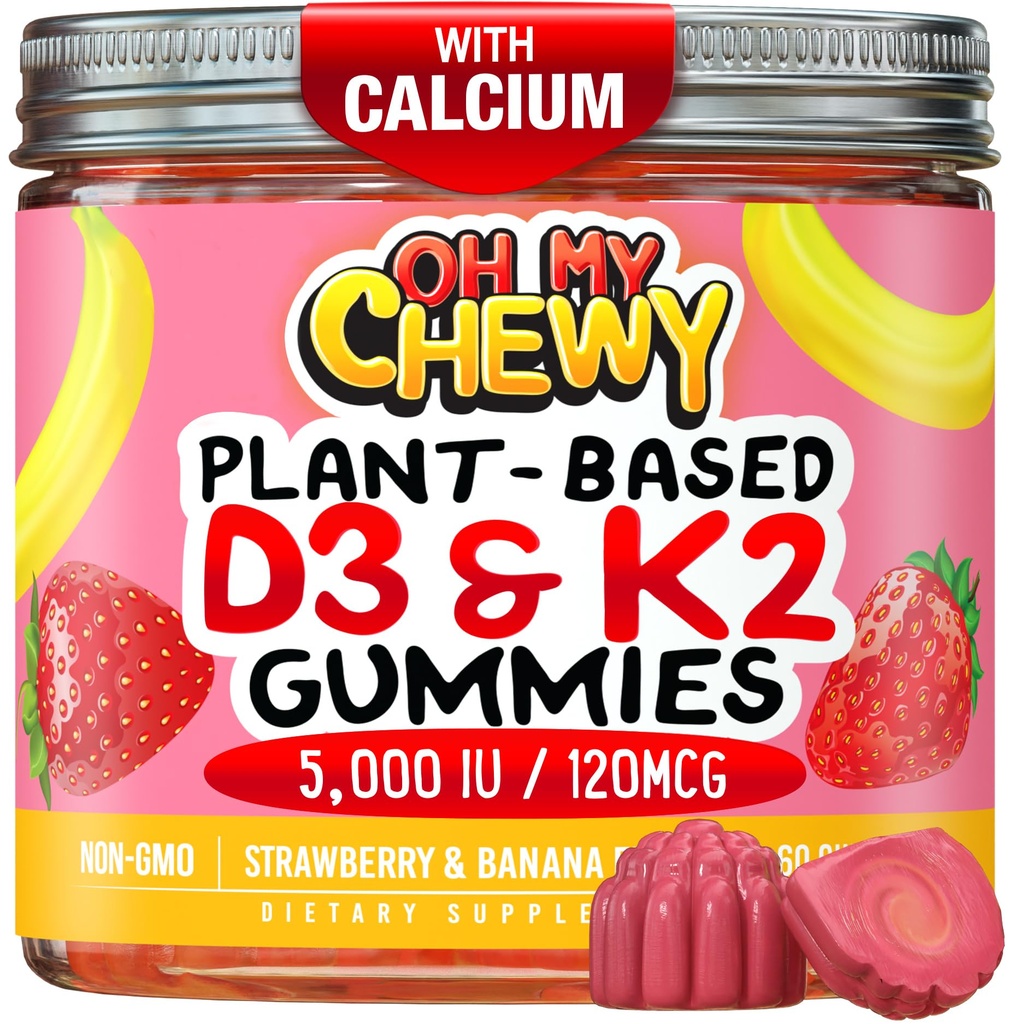 OH MY CHEWY Double-Flavored Vitamin D3 K2 & Calcium Fluffy Gummies - Supplement for Healthy Teeth, Bone & Energy - 5000 IU D3, 120 mcg K2(MK-7), 120 mg CA - Vegan & Non-GMO - 120 Count