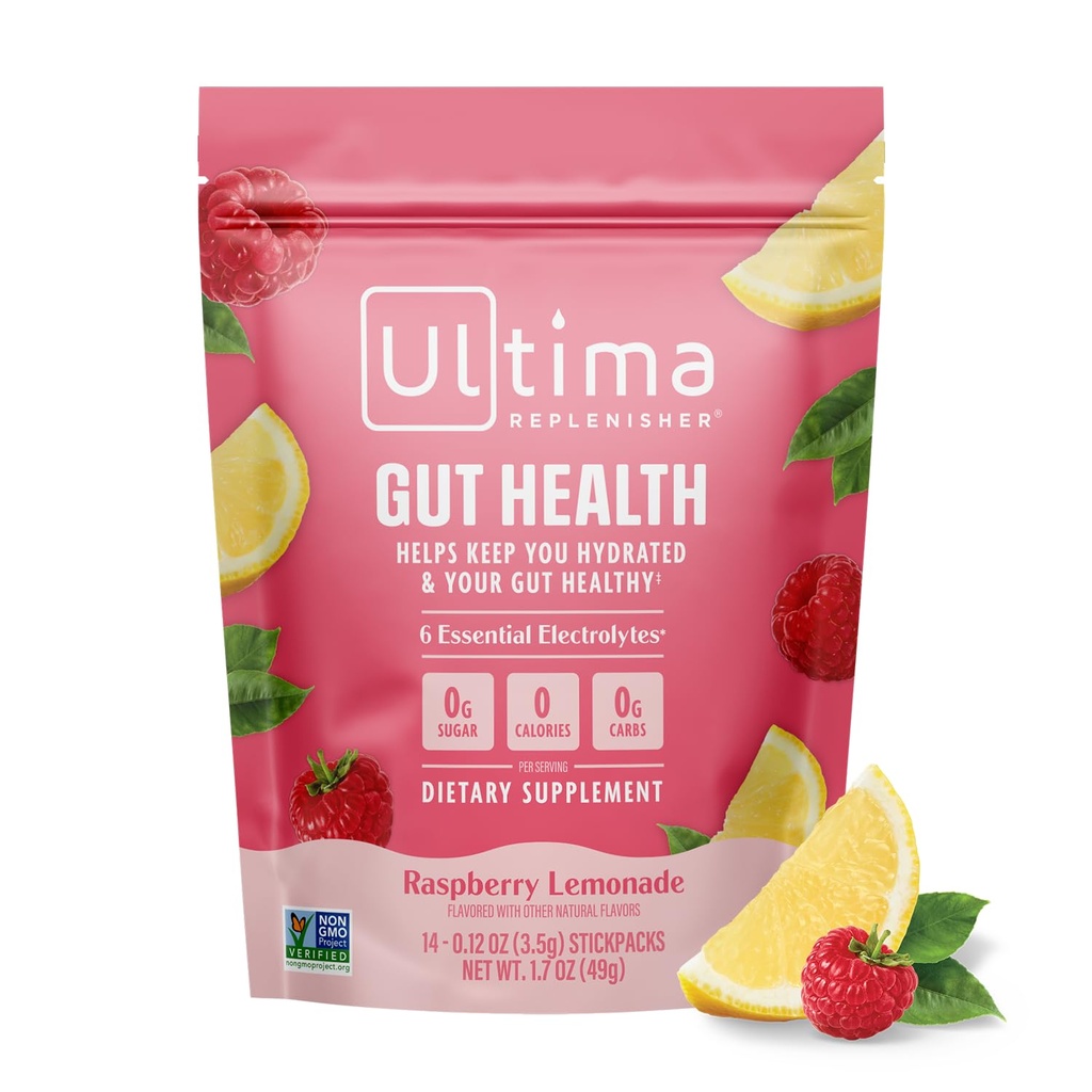 Ultima Repleniser Gut Health Supplement and Electrolytes Powder - Λεμονάδα σμέουρων, 14 Stickpacks - Hydration Packets with Added Gut Health Benefits