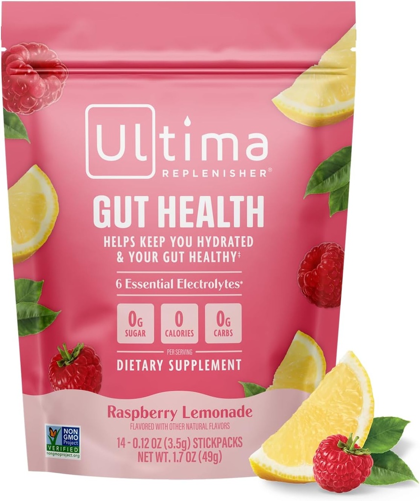 Ultima Replenisher Gut Health Supplement and Electrolytes Powder - Raspberry Lemonade, 14 Stickpacks - Hydration Packets with Added Gut Health Benefits