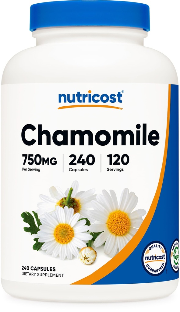 Nutricost Χαμομήλι 750mg, 240 κάψουλες χορτοφάγων, 120 Σερβιέτες - Μη ΓΤΟ, Χωρίς γλουτένη