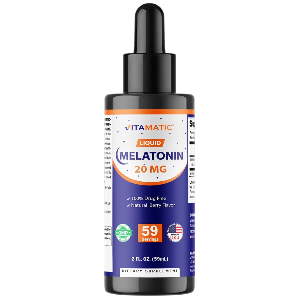 Vitamatic Melatonin 20mg Υγρές σταγόνες – 2 ρευστή ουγγιά (59ml) – Φυσικό άρωμα μούρου – για ενήλικες – Μη ΓΤΟ – συμπλήρωμα χορτοφάγων