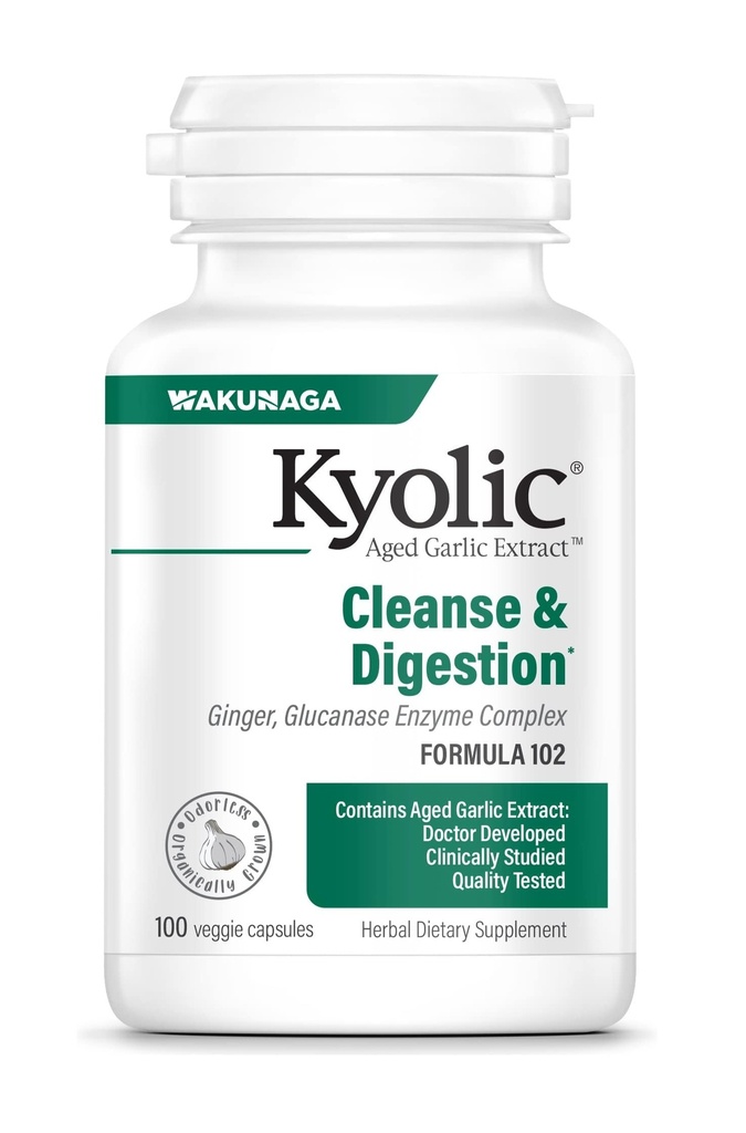 Kyolic Aged Garlic Extract Formula 102, Cleanse & Digestion*, Ginger and Enzyme Complex, 100 Capsules