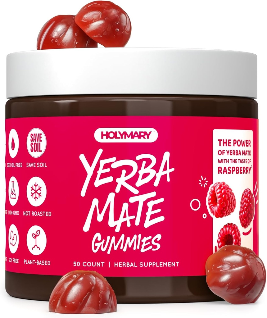 HOLYMARY Yerba Mate Gummies, Raspberry Flavor - Energy, Focus, Power Vegan, Non-GMO, Natural Ingredients, Gluten Free, 50 Delicious Supplement Gummies