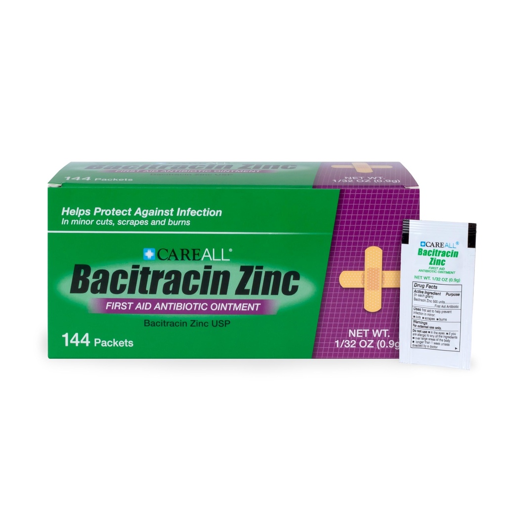 CareAll Bacitracin Αντιβιοτικό Αλοιφή ψευδαργύρου (144 Pack), 0.9gr Foil Packet. Αλοιφή Πρώτων Βοηθειών που Αποτρέπει τις Λοιμώξεις για Μικρές Περικοπές, Σκραπ και Έγκαυμα