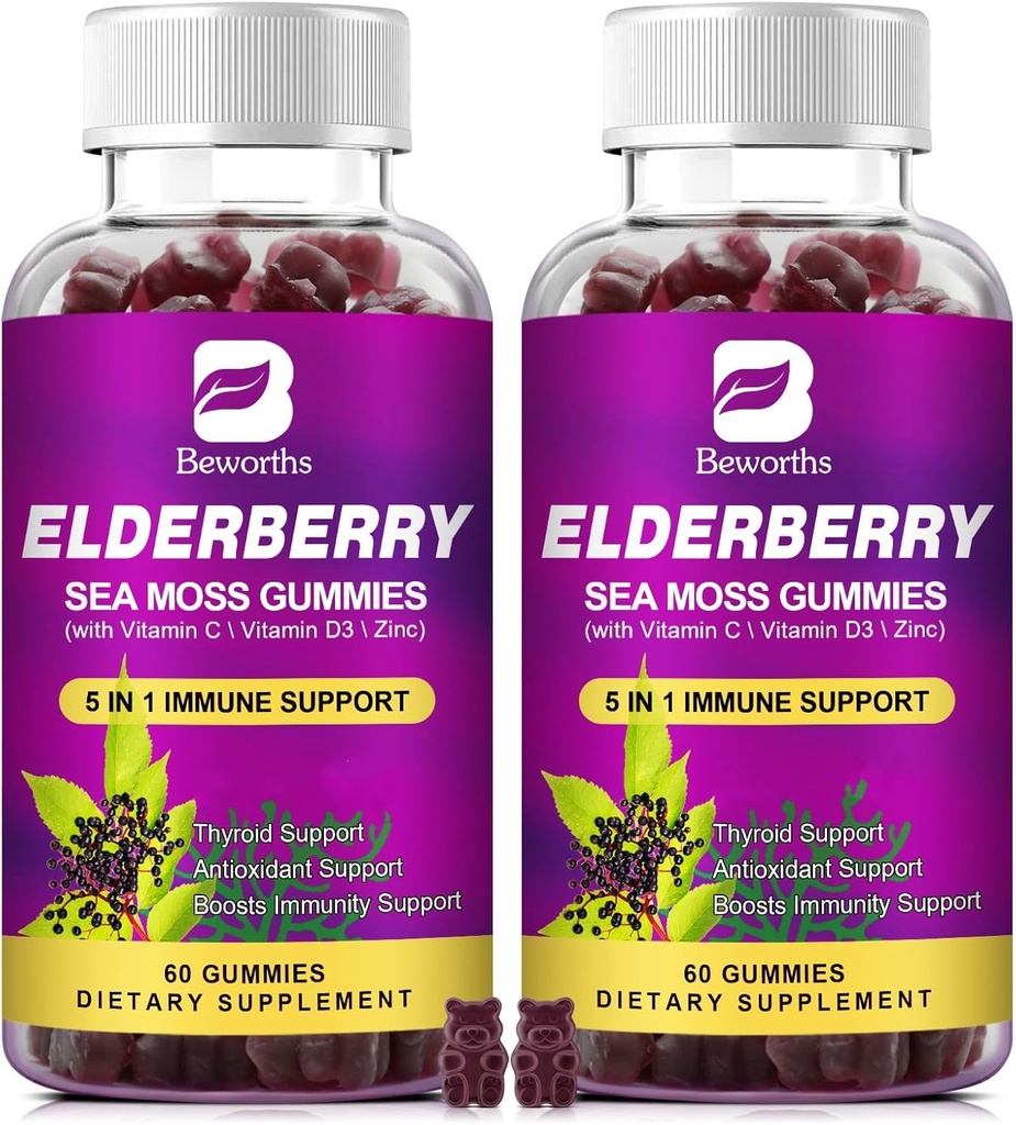 (2 Pack Elderberry Gummies & Irish Sea Moss, Organic Sambucus Elderberry Gummy with Seamoss, Zinc, Vitamin C, D3, Multivitamin Elderberry Vitamins - Χωρίς ζάχαρη