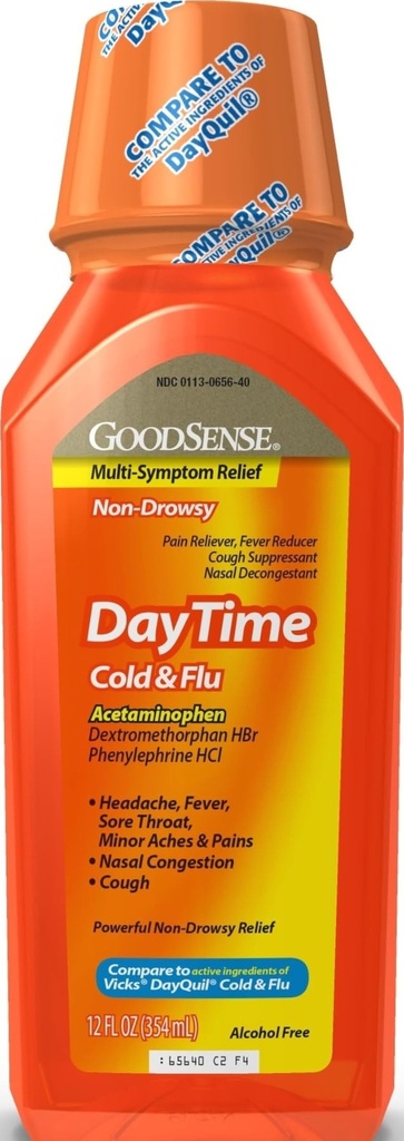 GoodSense Daytime Cold & Flu Multi-Symptom Relief, Non-Drowsy, Effective Relief for Fever, Sore Throat, Cough, Nasal Congestion, 12 Fl Oz