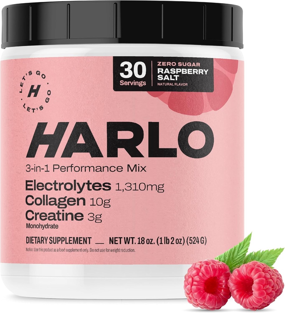 Harlo - Raspberry Salt Electrolyte Drink Mix with Bovine Collagen & Creatine- Creatine Monohydrate Powder - Energy Drink Powder - Pre Workout Powder - Sugar Free Energy Drinks - Post Workout Recovery