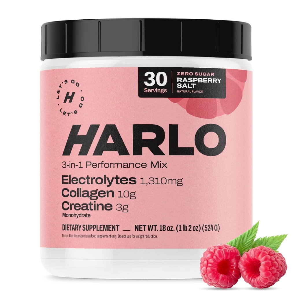 Harlo 3-in-1 Electrolytes Powder with Collagen & Creatine – Hydration, Muscle & Joint Support | NSF Certified | Zero Sugar | Raspberry Salt | 30 Servings