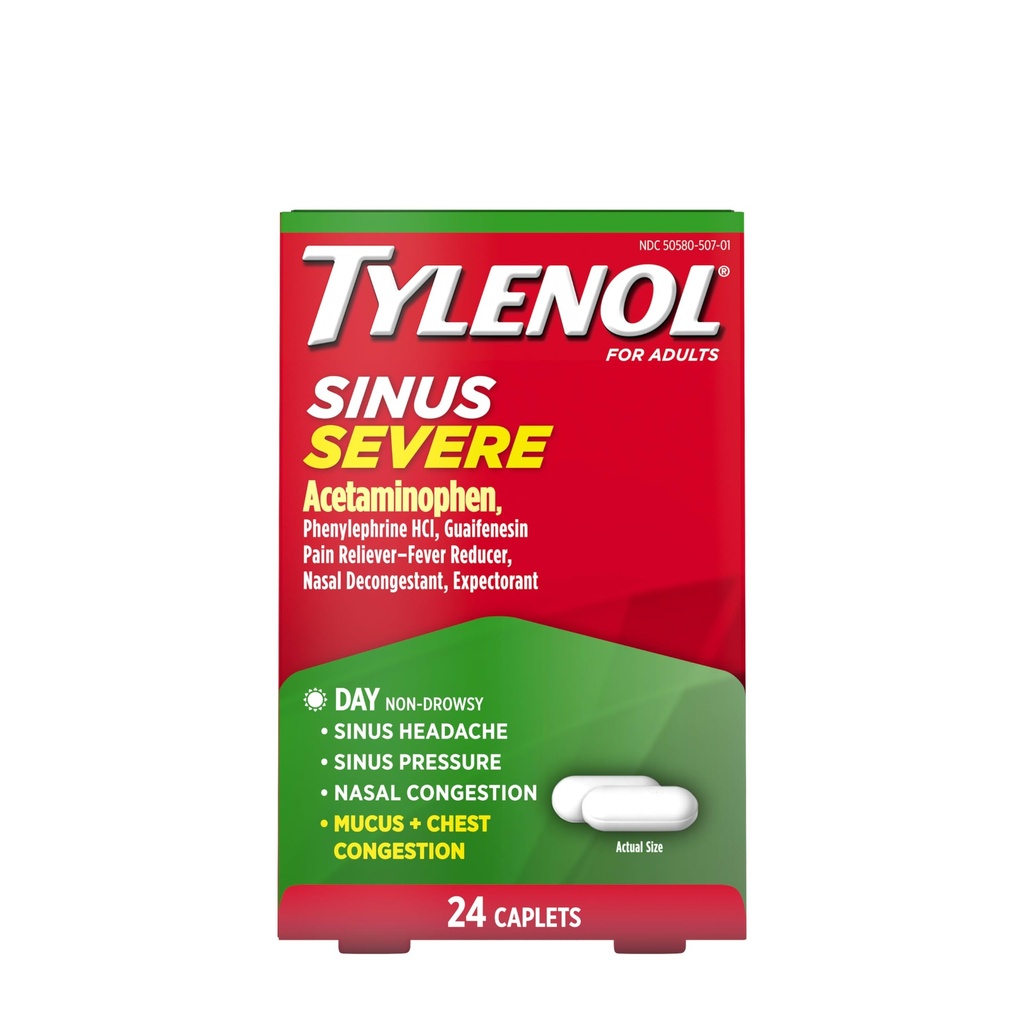 Tylenol Sinus Severe Daytime Cold & Flu Relief Medicine Caplets, Non-Drowsy Pain Reliever, Fever Reducer Expectorant & Decongestant, Acetaminophen, Guaifenesin & Phenylephrine HCl, 24 ct