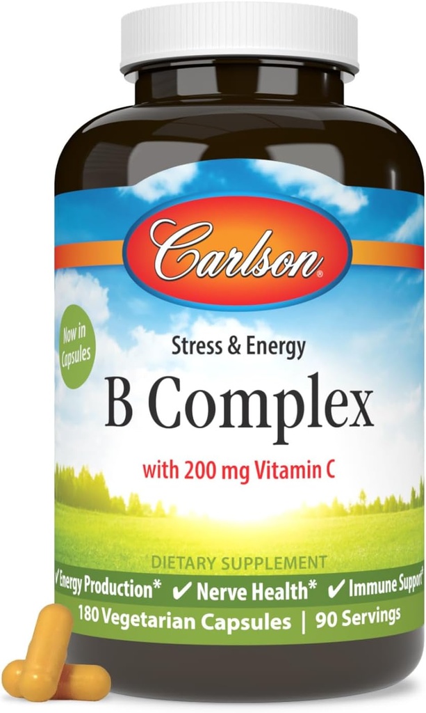 Carlson - B Complex Ισορροπημένες Βιταμίνες Β με Βιταμίνη C - Στρες, Ενέργεια & Ανοσοποιητική Βιταμίνη Β Σύμπλεγμα για γυναίκες & άνδρες - 180 κάψουλες χορτοφάγων