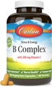 Carlson - B Complex Ισορροπημένες Βιταμίνες Β με Βιταμίνη C - Στρες, Ενέργεια & Ανοσοποιητική Βιταμίνη Β Σύμπλεγμα για γυναίκες & άνδρες - 180 κάψουλες χορτοφάγων