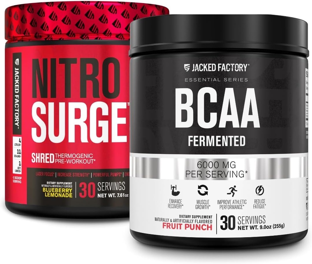 Jacked Factory Nitrosurge Shred Θερμογόνος προ-εξάσκηση σε Blueberry Λεμονάδα & BCAA σε Fruit Punch για την ανασύνθεση του σώματος, οικοδόμηση μυών και ανάκτηση