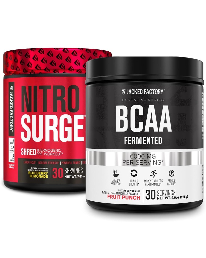 Jacked Factory Nitrosurge Shred Thermogenic Pre-Workout in Blueberry Lemonade & BCAA in Fruit Punch for Body Recomposition, Muscle Building and Recovery
