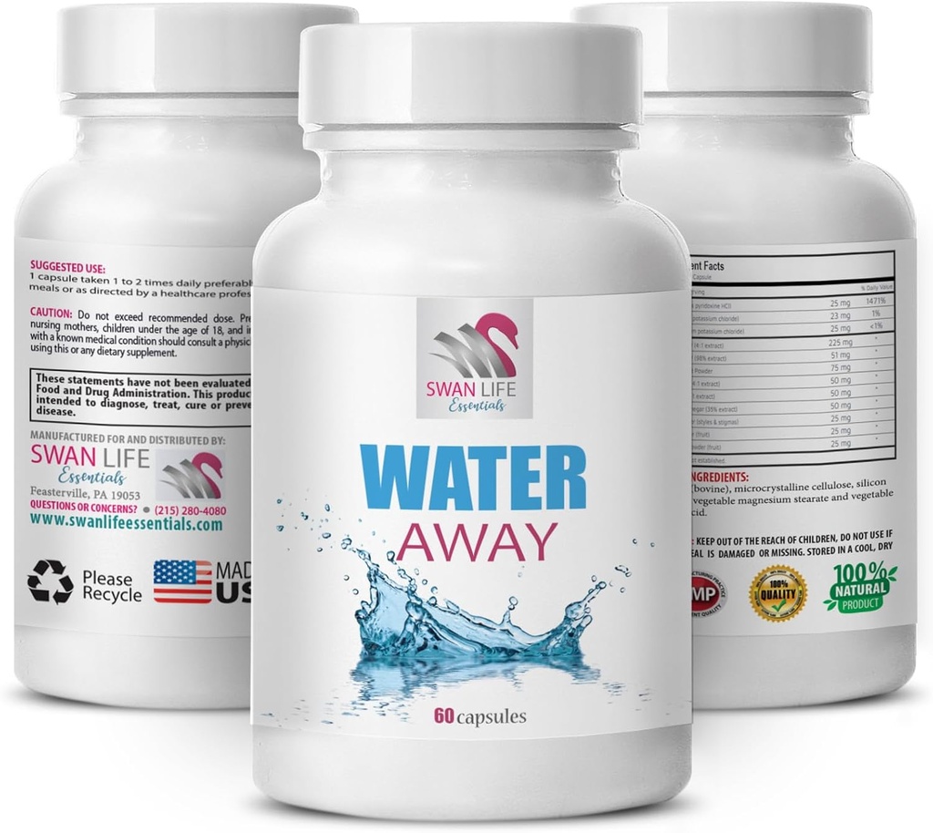 Συμπλήρωμα ισορροπίας νερού - WATER AWAY - συμπλήρωμα υποστήριξης, Νερό διάλυμα, Φυσικό μείγμα διουρητικών, Φυτικό ισοζύγιο νερού, Διουρητικό συμπλήρωμα υποστήριξης, Φυσική υποστήριξη, Ισορροπία νερού 1 Φιάλη 60 Caps