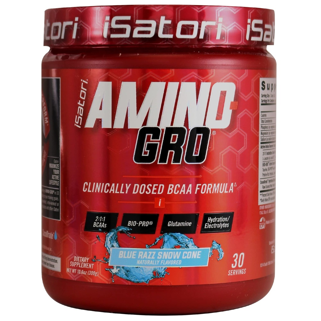 iSatori Amino-GRO BCAA σκόνη, διακλαδισμένη αλυσίδα Αμινοξέα με γλουταμίνη, ηλεκτρολυτική σκόνη & Bio-GRO Bio-Active Peptides για την ανάπτυξη μυών & μετά την αποκατάσταση προπόνησης, Blue Razz Snow Cone (30 εξυπηρετήσεις)