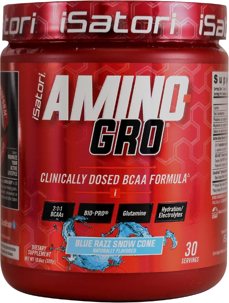 iSatori Amino-GRO BCAA σκόνη, διακλαδισμένη αλυσίδα Αμινοξέα με γλουταμίνη, ηλεκτρολυτική σκόνη & Bio-GRO Bio-Active Peptides για την ανάπτυξη μυών & μετά την αποκατάσταση προπόνησης, Blue Razz Snow Cone (30 εξυπηρετήσεις)
