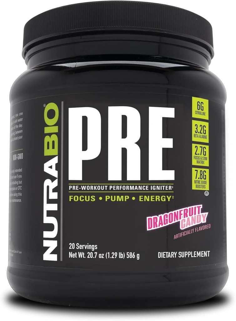 NutraBio PRE Workout Powder - Old Formula- Sustained Energy, Mental Focus, Endurance - Beta Alanine, Creatine, Caffeine, Electrolytes - 20 Servings - Dragonfruit Candy