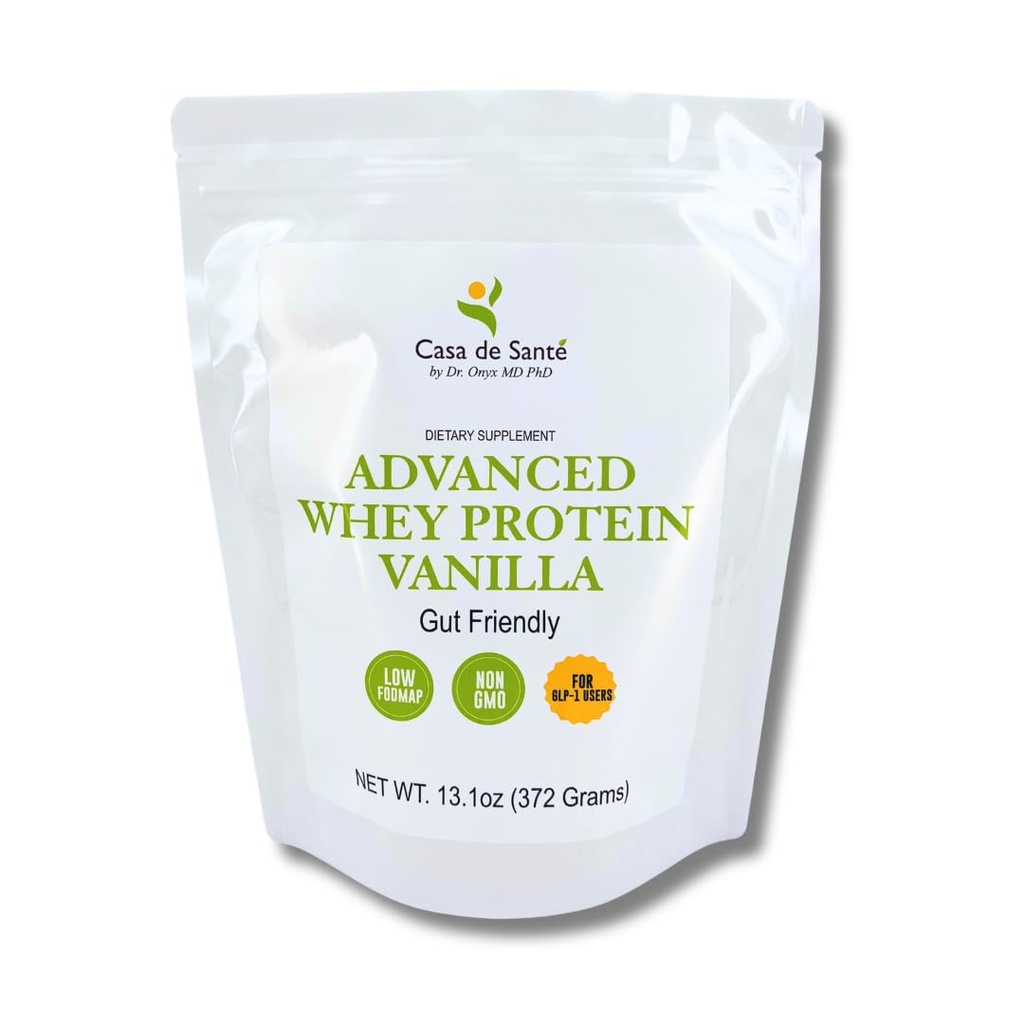 Casa de Sante Advanced Whey Protein Vanilla - GLP-1 Support | Low FODMAP Gut Friendly 25g Protein with ProHydrolase Enzymes Whey Isolate Powder | MD PhD Formulated -13 oz