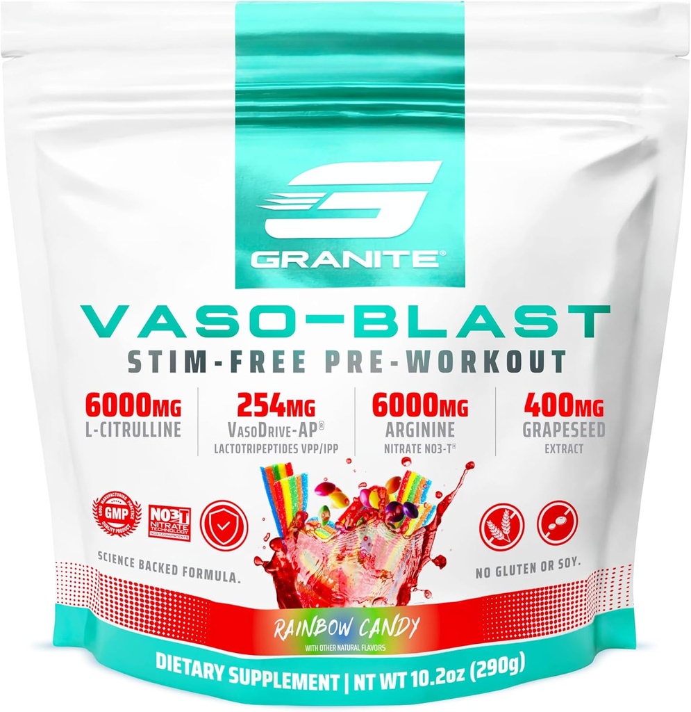 Συμπληρώματα γρανίτη Vaso Blast, Rainbow Candy Flavor, Simulant-Free Προ προπόνηση για άνδρες & γυναίκες με εκχύλισμα γκρέιπ-σπέρματος, Arginine Nitrite, & VasoDrive-AP για Max Αντλία (20 σερβίτσια)