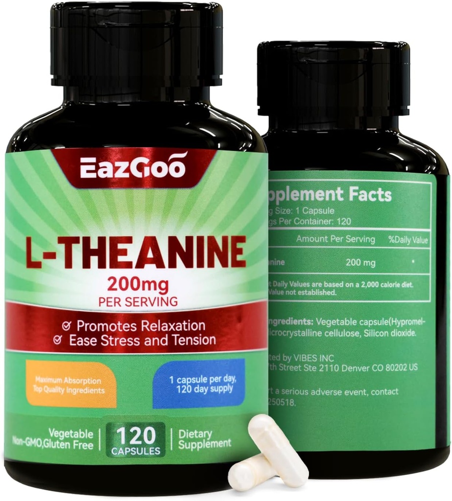 L-Θεανίνη 200mg, Amino Acid συμπλήρωμα για την υποστήριξη χαλάρωσης, stress, L Theanine Κάψουλες - Μη ΓΤΟ, Χωρίς γλουτένη, 240 Veg κάψουλες