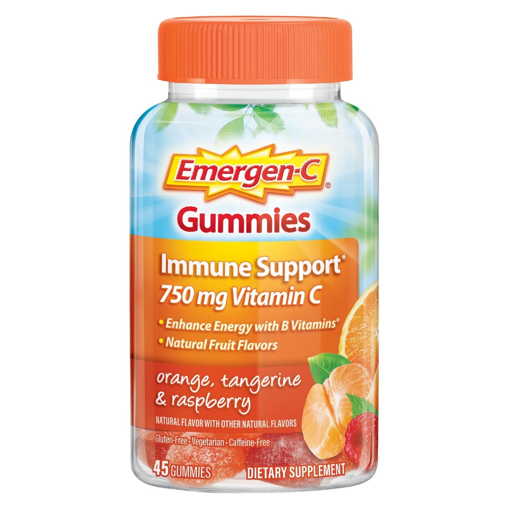 Emergen-C 750mg Βιταμίνη C Gummies για Ενήλικες, Ανοσία Gummies με Βιταμίνες Β, Χωρίς Γλουτένη, Πορτοκαλί, Tangerine και Σμέουρων Γεύσεις - 45 Count