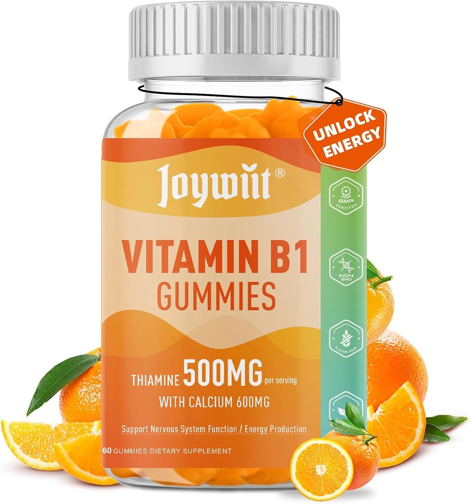 Βιταμίνη B1 Gummies 500mg, Chewable Thiamine B1 συμπλήρωμα για ενήλικες, με 600mg Κιτρικό ασβέστιο, Σύστημα Υποστήριξης Νευρικού, Vegan, Φυσικό άρωμα πορτοκαλιού