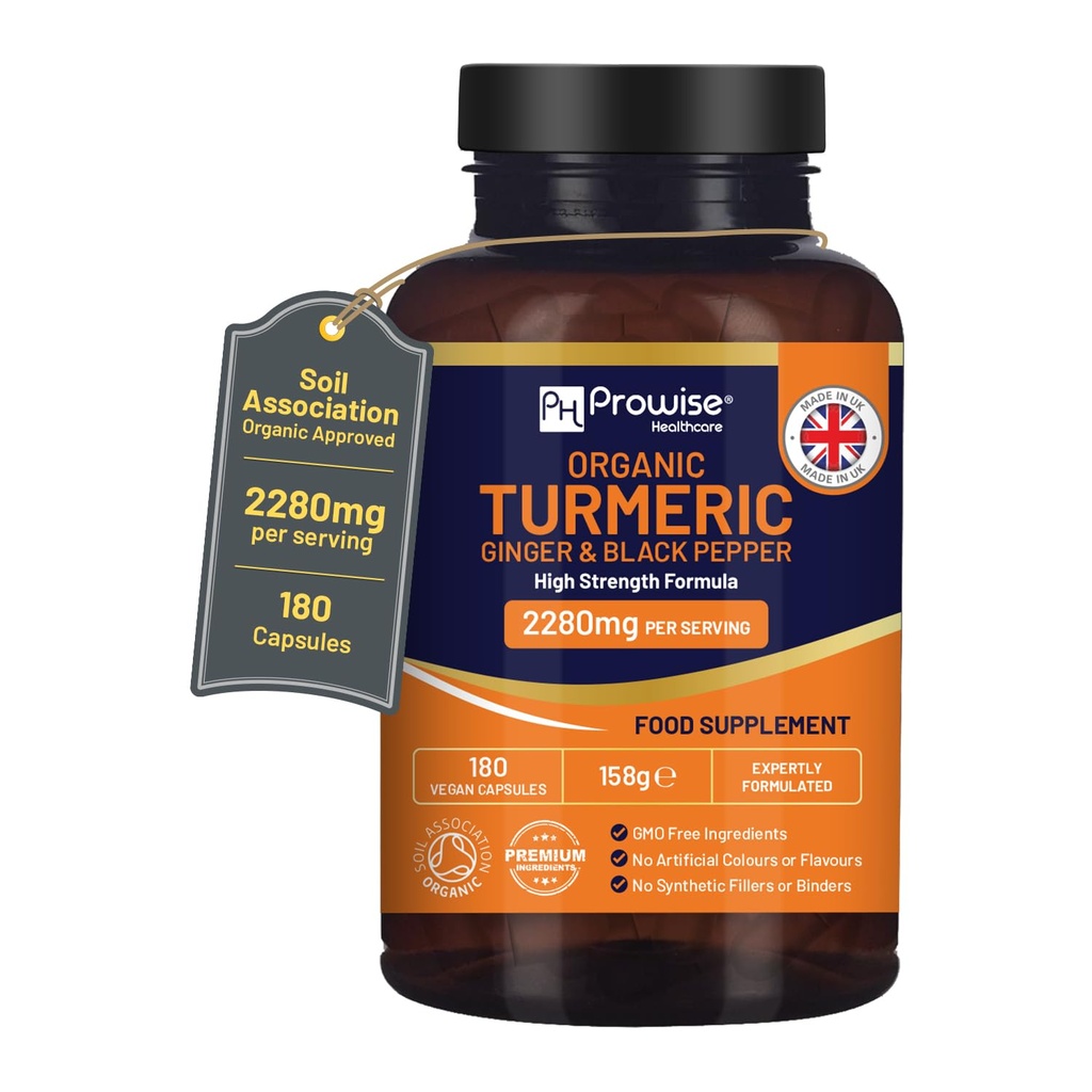 Turmeric 2280mg (Υψηλή Δύναμη) με Μαύρο Πιπέρι & Τζίντζερ - 180 Vegan Turmeric Κάψουλες με Ενεργό Συστατικό Κουρκουμίνη I UK Made by Prowise Healthcare