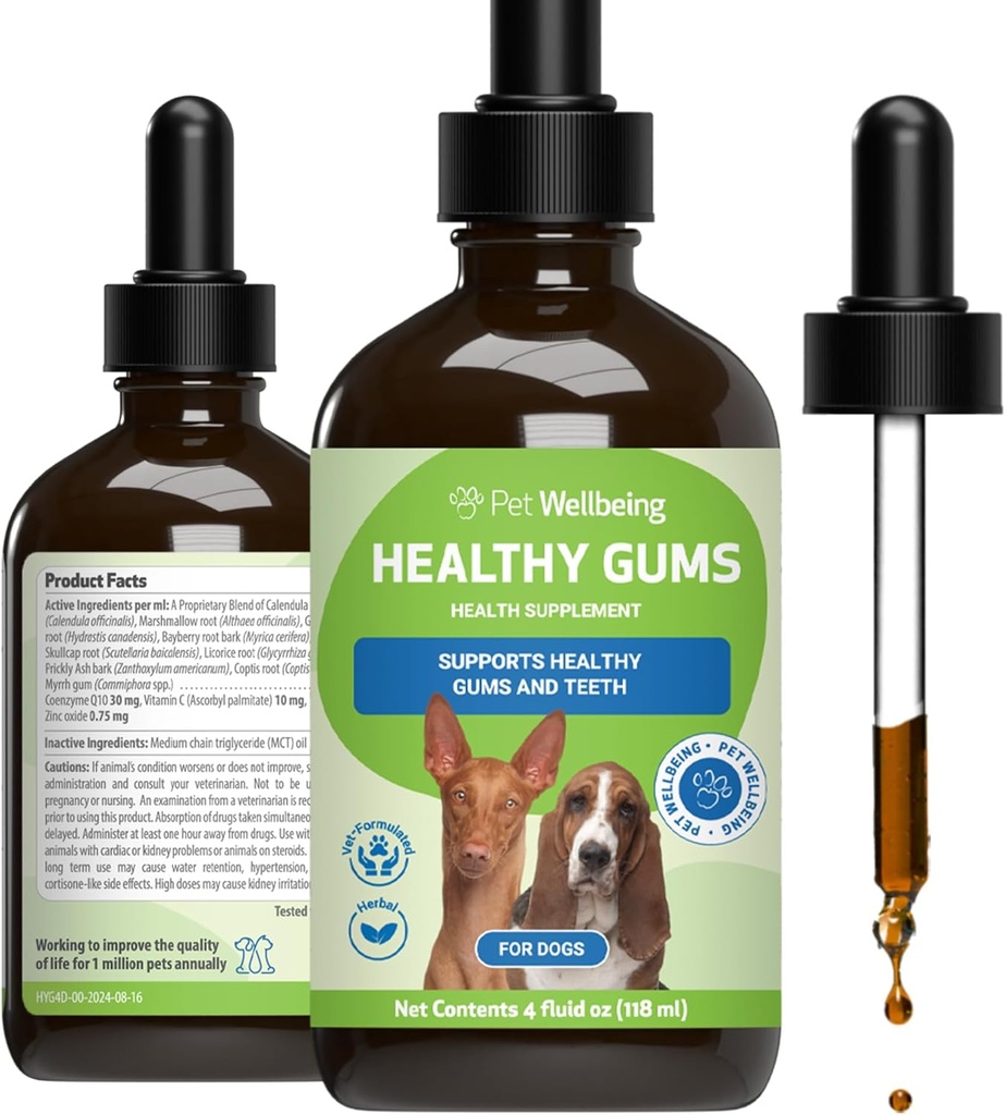 Pet Wellbeing Healthy Gums for Dogs - Όσπρια & Οδοντιατρική Υγεία, Στοματική Φροντίδα, Υγιεινή αναπνοή, Συνένζυμο Q10, Οξείδιο ψευδαργύρου, Calendula, Marshmallow Root - Κτηνιατρική Ολιστική Topic 4 oz (118 ml)