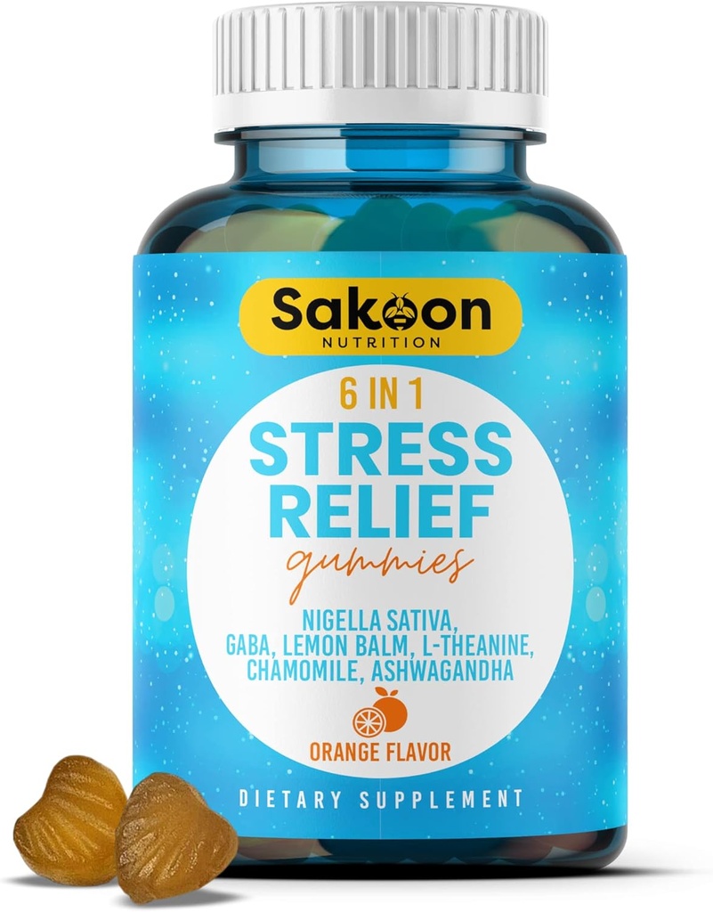 6-σε-1 Stress Relief Gummies 60ct - Aids Relaxation with Ashwagandha, GABA, L-theanine, Lemon Balm, Chamomile, Black Cumin Seed Nigella Sativa. Βελτιωμένος βαθύς ύπνος, κοινή υποστήριξη - 60 gummies