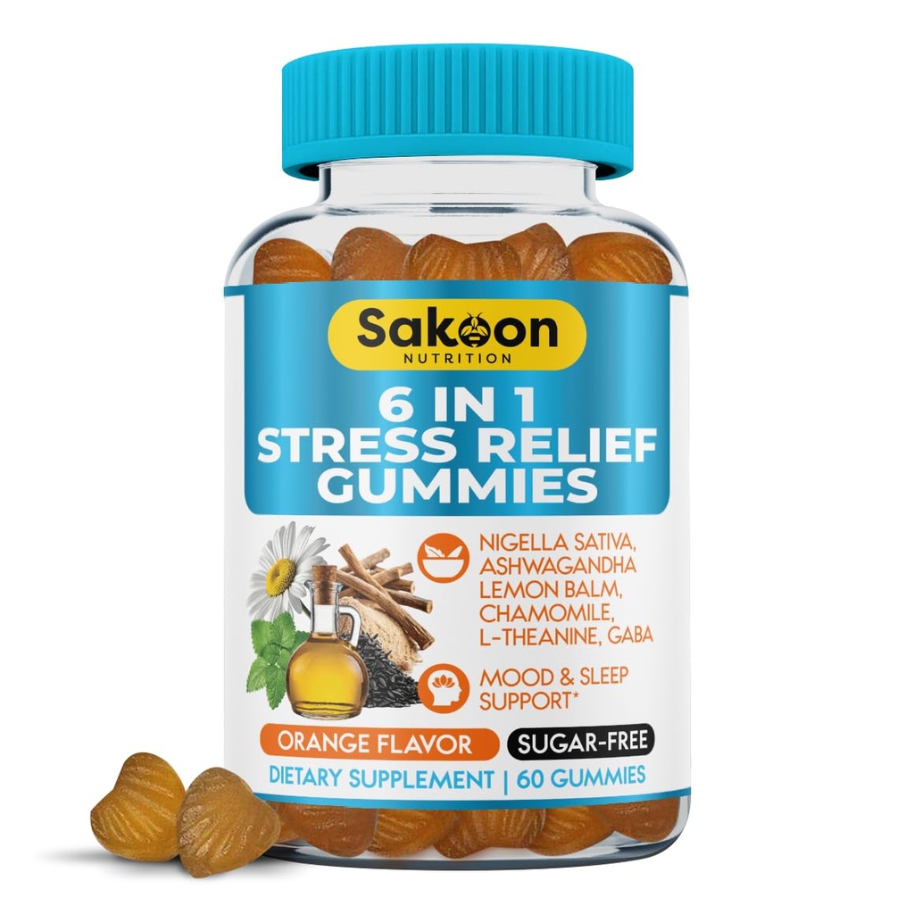 6-in-1 Stress Relief Gummies 60ct - Aids Relaxation with Ashwagandha, GABA, L-theanine, Lemon Balm, Chamomile, Black Cumin Seed Nigella Sativa. Improved Deep Sleep, Joint Support - 60 gummies