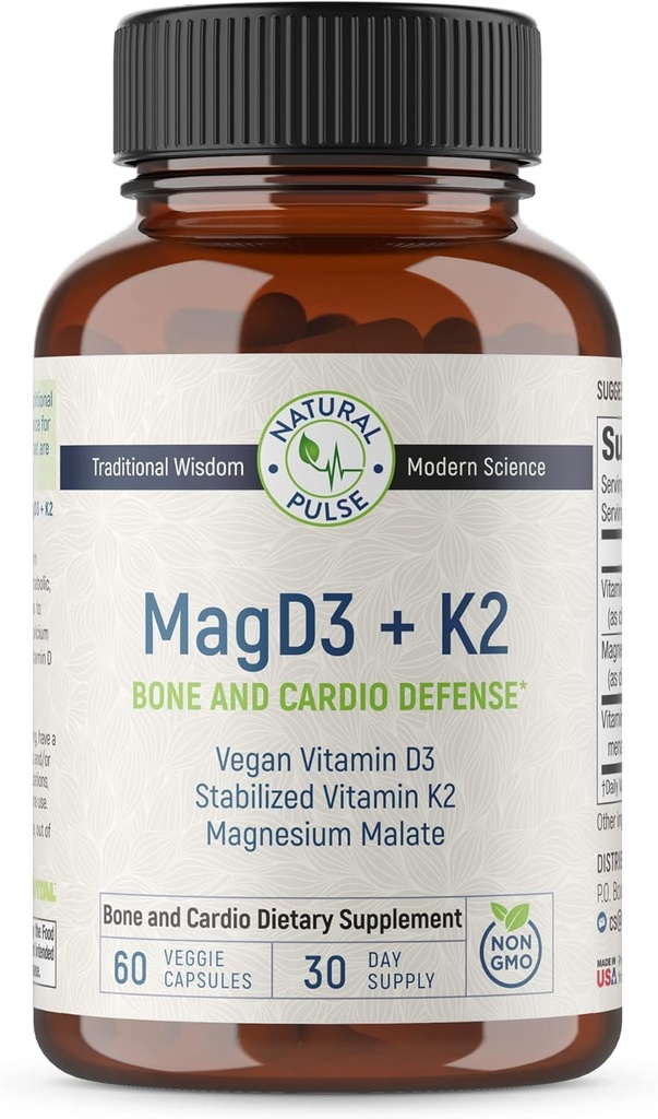 Μαγνήσιο Μηλεϊκό + Βιταμίνη Vegan D3 + Σταθεροποιημένη Βιταμίνη K2, Συμπληρωμένο Συμπλήρωμα Υποστήριξης για Κυτταρική Ενέργεια, Καρδιαγγειακό, Ανοσοποιητικό και Μεταβολική Υγεία & Δύναμη των Οστών, 90 Καπάκια Veggie