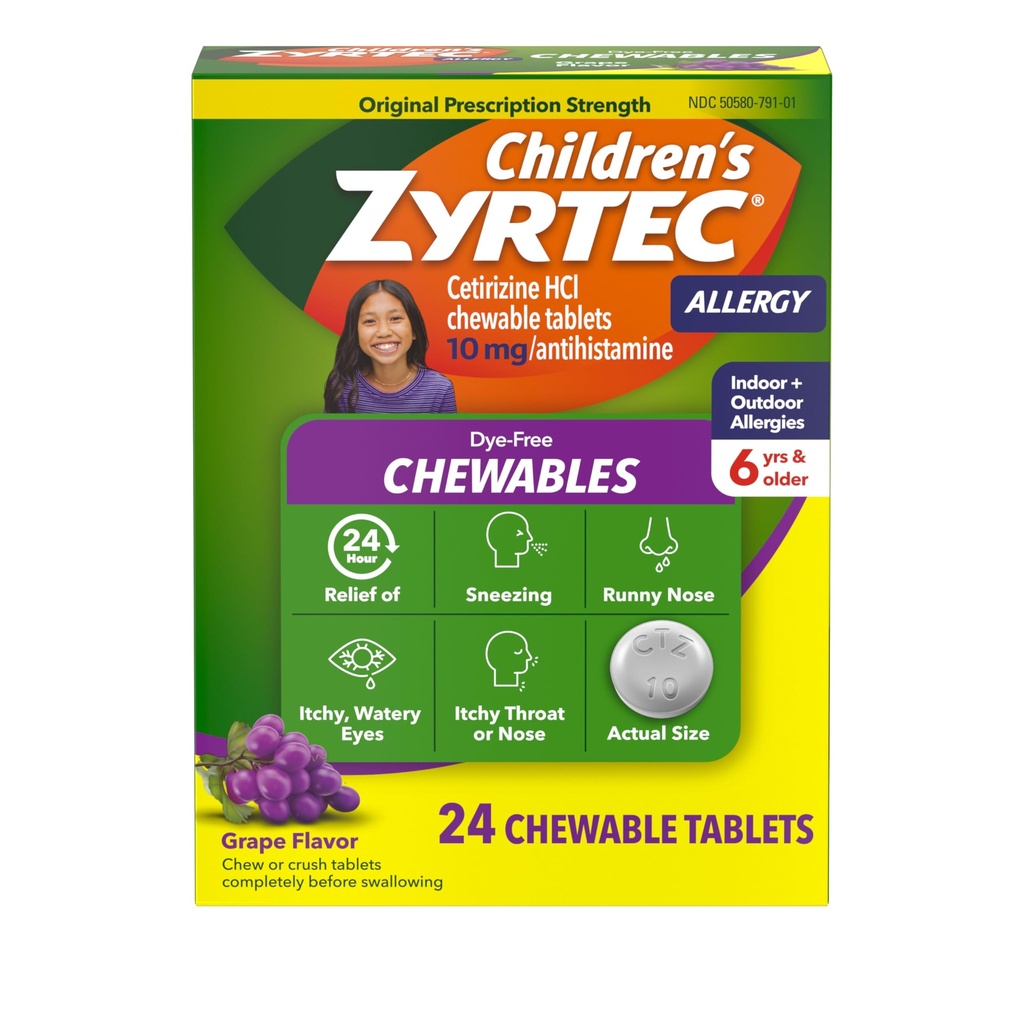 Zyrtec Παιδικά Μασώμενα Χωρίς Βαφή για 24 ώρες Αλλεργία Ανακούφιση, 10 mg Cetirizine Hydrochloride Antihistamine Tablets, Kids Allergy Medicine Relieves Sneezing & Ichy Throat, Grape, 24 ct