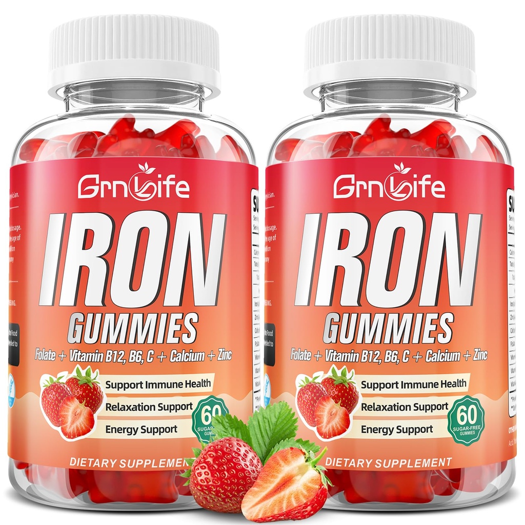 Iron Gummies για γυναίκες, άνδρες και παιδιά, συμπλήρωμα σιδήρου χωρίς ζάχαρη με ασβέστιο, ψευδάργυρο, φολικό & βιταμίνη B12, C, B6 - για κτίριο αίματος & την ενεργειακή υποστήριξη, αναιμία, φράουλα, 120 κόμης