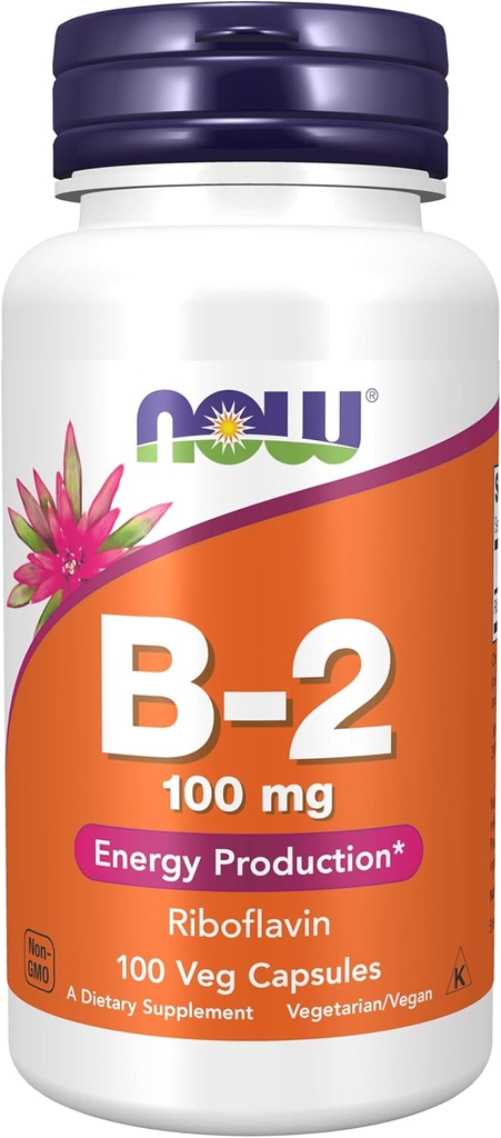 NOW Συμπληρώματα Τροφίμων, Βιταμίνη B-2 (Riboflavin) 100 mg, Παραγωγή Ενέργειας *, 100 Κάψουλες Veg