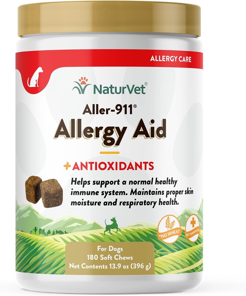 NaturVet Aller-911 Advanced Allergy Aid for Dogs, Cats – Antioxidant-Rich Pet Supplement with Omegas, DHA, EPA – Βοηθά στην υποστήριξη του ανοσοποιητικού συστήματος σκύλων, Cat αναπνευστική υγεία, υγρασία δέρματος 180 μαλακά μάσημα
