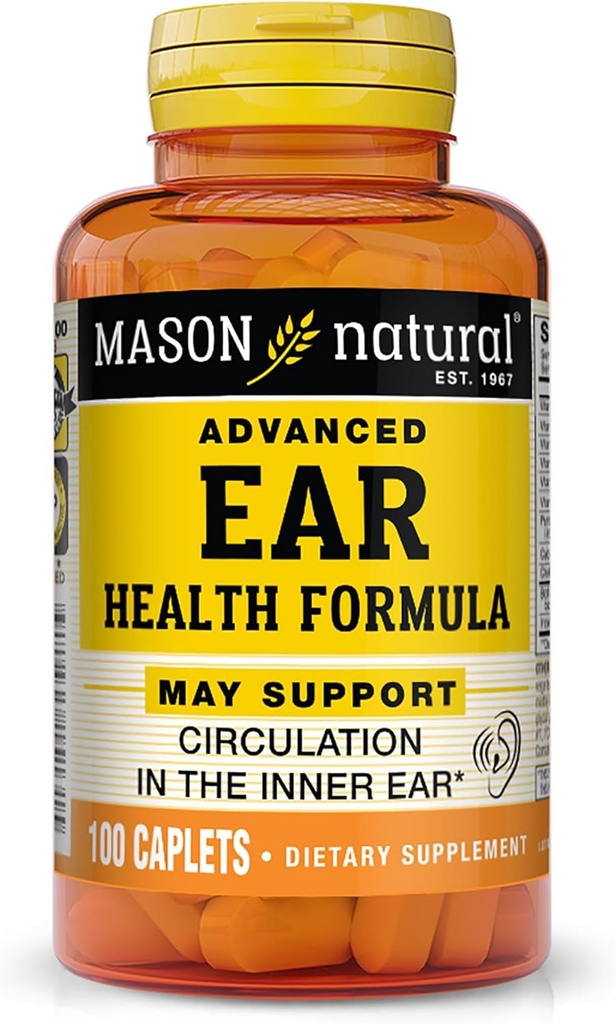 MASON NATURAL Advanced Ear Health, 33 Day Supply, Supports Normal Circulation in The Inner Ear & Ringing, 100 Caplets