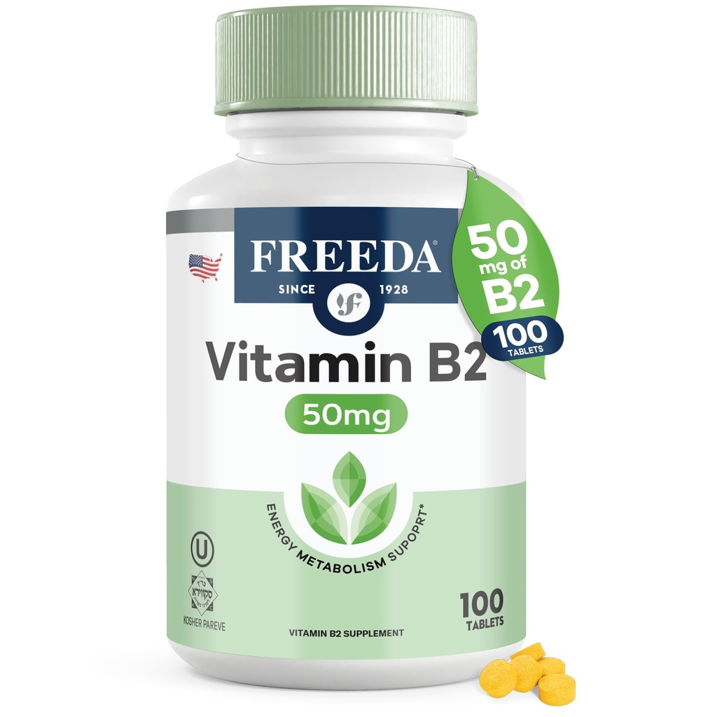 Freeda Βιταμίνη B2 Ριβοφλαβίνη 50mg – Ενέργεια & Νευρικό Σύστημα Υποστήριξη – Kosher, Vegan, Χωρίς γλουτένη B2 συμπλήρωμα για τον εγκέφαλο & το μεταβολισμό – (100 Ct)
