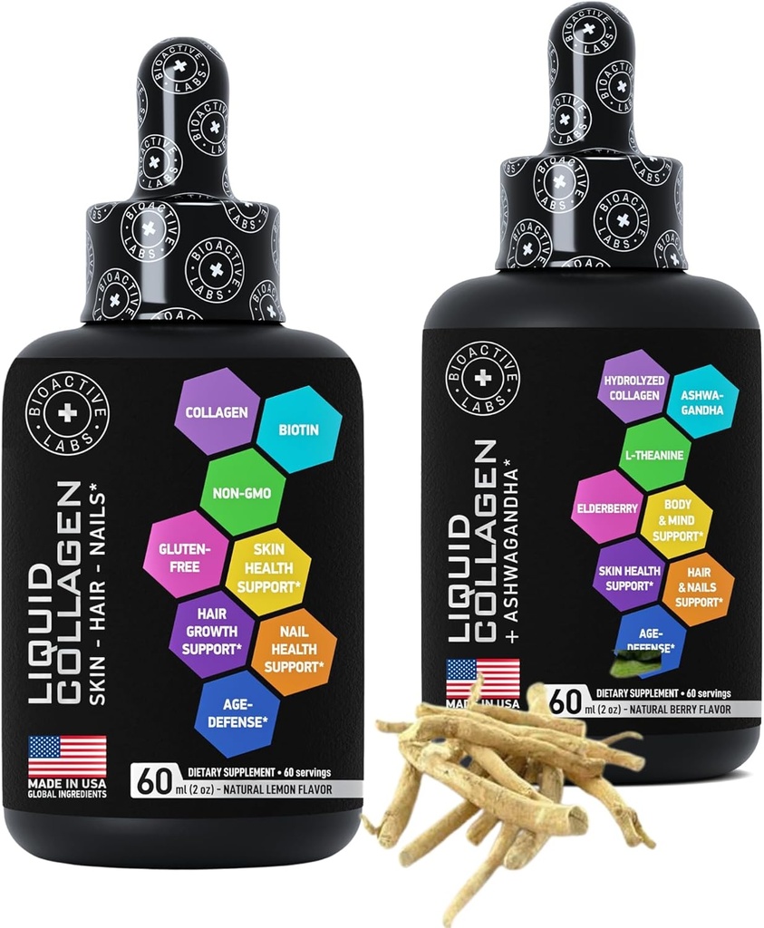 Υγρό κολλαγόνο με βιοτίνη και υγρό κολλαγόνο με Ashwagandha Enhanced Collagen Bundle για την ανάπτυξη των μαλλιών, δέρμα λάμψη, νύχια