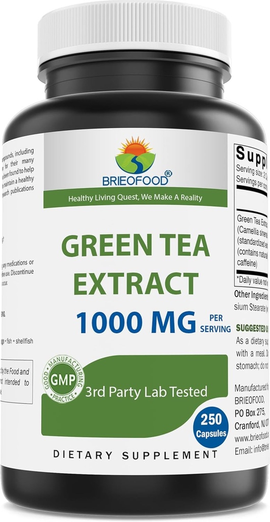 Brieofood Green Tea Extract 1000 mg ανά Σερβίρισμα (ελαχ. 50% Πολυφαινόλες) - 250 Κάψουλες - 3ο Εργαστήριο Πάρτυ Δοκιμασμένο για Καθαρότητα & Ποιότητα
