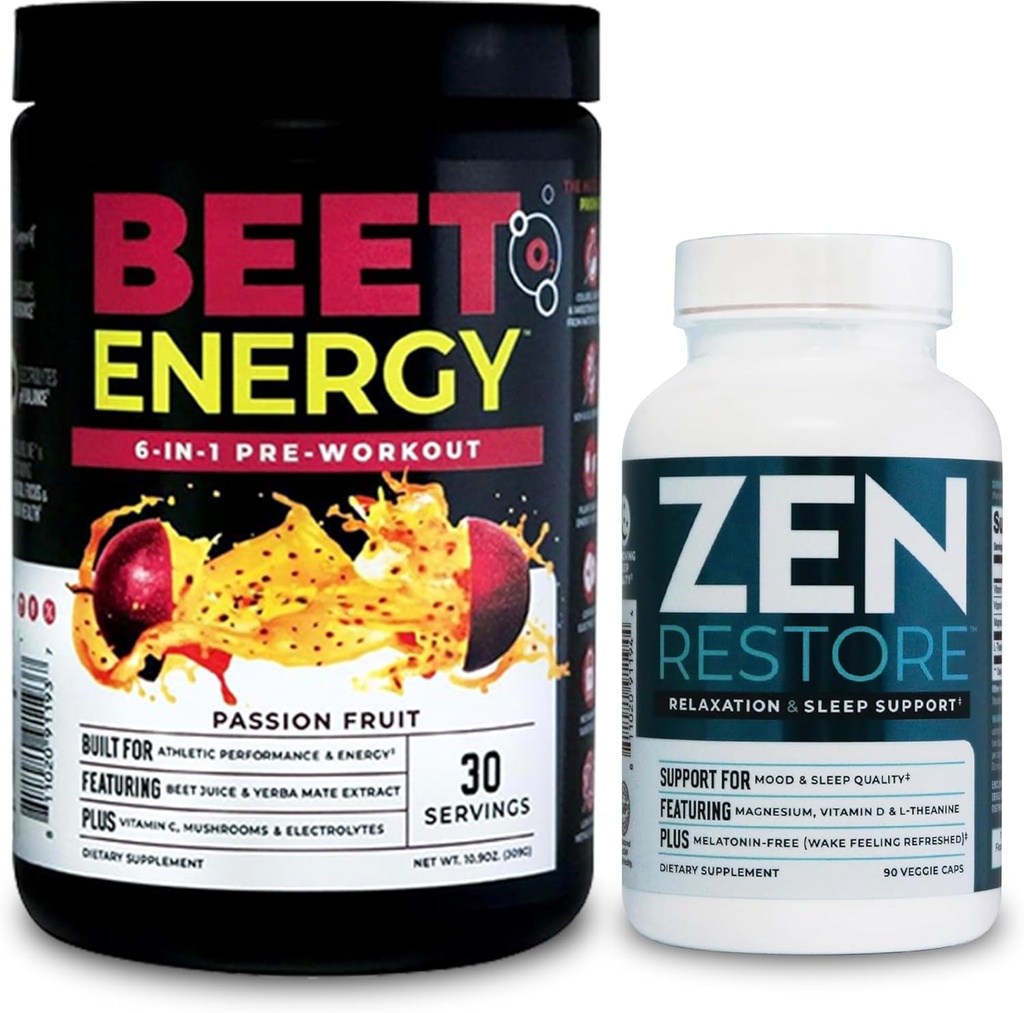Nutrology Beet Natural O2, Pre Workout Powder, Energy, Endurance & Nitric Oxide Booster with Beet Powder, Passion Fruit Flavor (30 Servings) Zen Natural Magnesium Supplement (30 Servings)