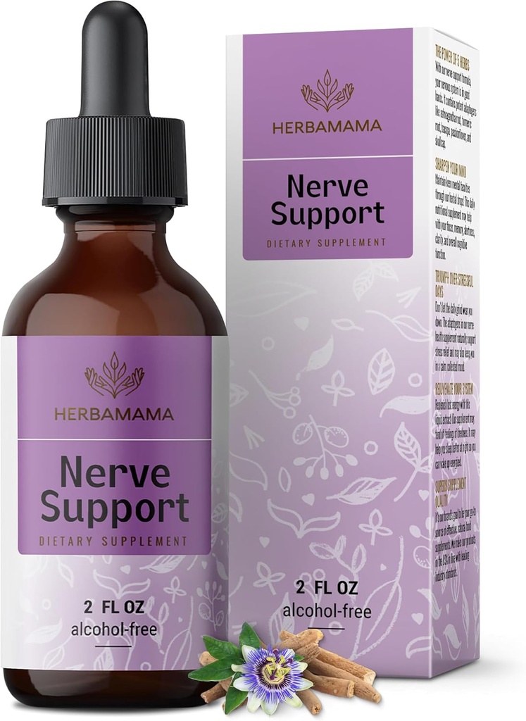 HERBAMAMA Nerve Support Supplement - Vegan Nerve Support Formula με Ashwagandha & Bacopa Monnieri για τον εγκέφαλο - Μη-GMO, Αλκοόλ & Ζάχαρη-free Daily Calming Drops for Adults, 28-Day Supply