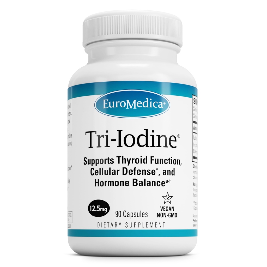 EuroMedica Tri-Iodine - Υποστήριξη Θυρεοειδούς Υγείας - Βοηθήματα Ορμόνη Ισορροπία με Μοριακό Ιώδιο από Kelp - Χαρακτηριστικά Ιωδιούχο Κάλιο & Ιωδιούχο Νάτριο - Brain & Energy Support - 12, 5mg, 90 Κάψουλες