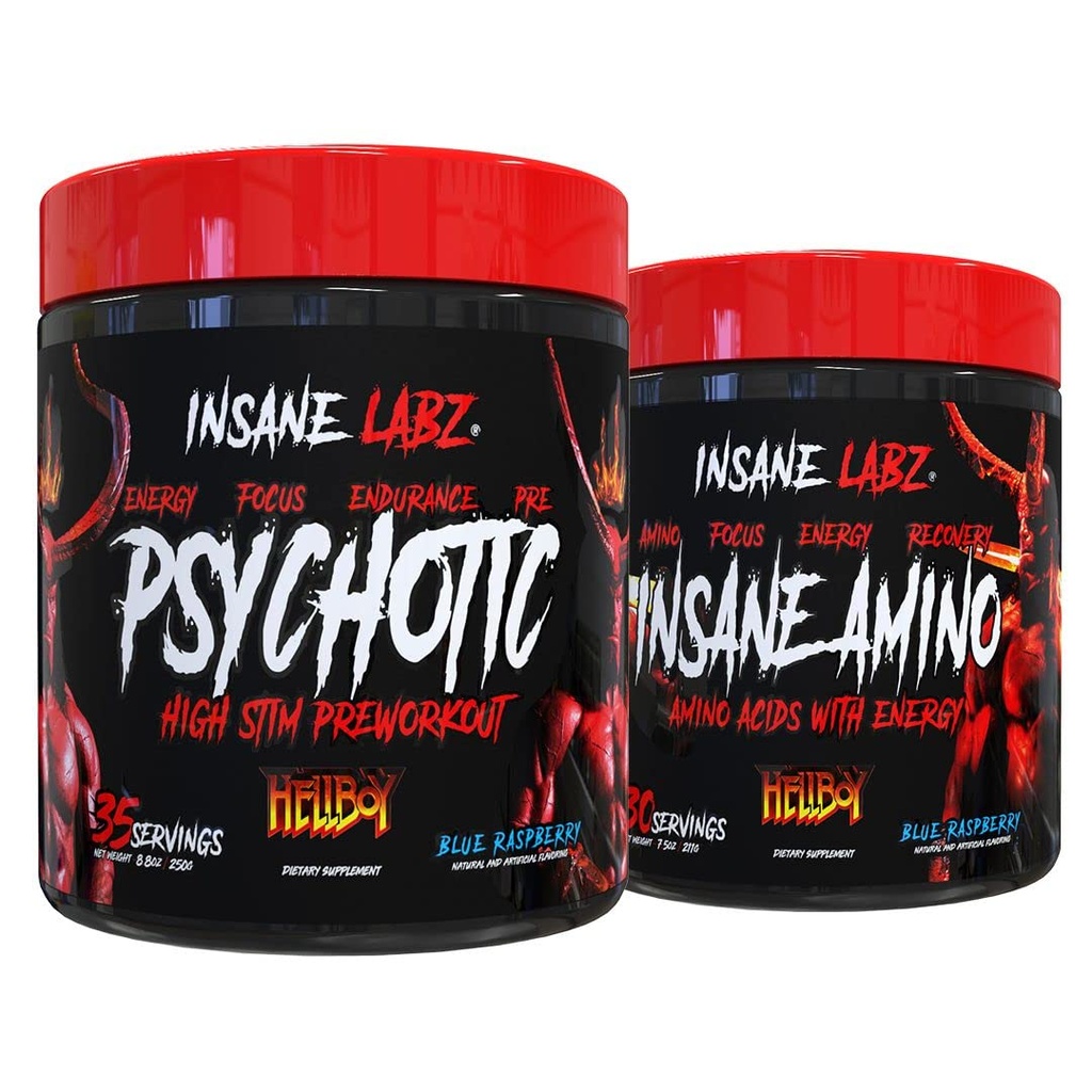 Τρελό Labz Hellboy Bundle, Psychotic Hellboy Προ προπόνησης και τρέλας Amino BCAA, Αύξηση μυϊκής μάζας, δύναμης, εστίασης και ανάκτησης χρόνου, Blue Raspberry