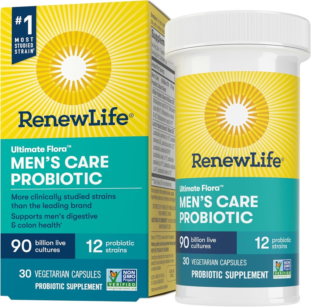 Renew Life Men's Care Probiotic Capsles, Supports Mens Digestive, Colon, Immune and αναπνευστική υγεία, L. Rhamnosus GG, Γαλακτοκομικά, χωρίς σόγια και γλουτένη, 90 Billion CFU, 30 Count