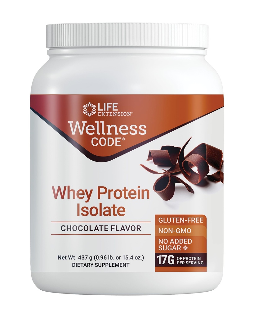 Επέκταση ζωής Wellness Code® Whey Protein Isolate (Χοκολάτη), Πρωτεΐνες και διακλαδισμένα-Αλυσιδωτά Αμινοξέα για την ανάπτυξη των μυών & την ανοσοποιητική υγεία, χωρίς προσθήκη ζάχαρης, χωρίς γλουτένη, μη ΓΤΟ, 437 γραμμάρια, 20 υπηρεσίες