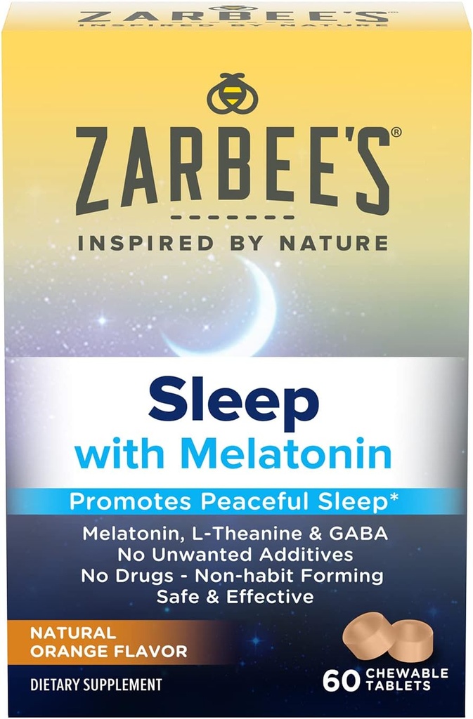 Μελατονίνη Zarbee 5mg, L-Θεανίνη + συμπλήρωμα ύπνου GABA για την προώθηση του ήσυχου ύπνου, Φυσικό άρωμα πορτοκαλιού, Μασώμενα δισκία για ενήλικες ηλικίας 12 ετών έως 60 ετών