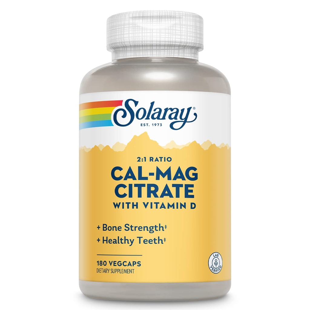 SOLARAY Ασβέστιο & Μαγνήσιο Κιτρικό 2: 1 Λόγος w/Vitamin D-3, Υγιή Οστά, Μυϊκό & Νευρικό Σύστημα Υποστήριξη, Υψηλή Απορρόφηση 180 Καψάκια